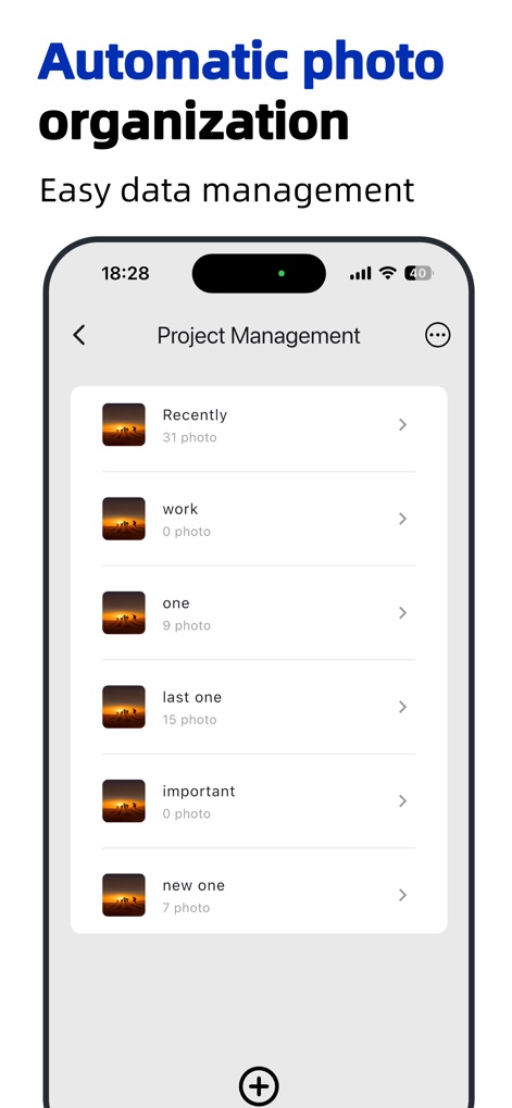 Timestamp Camera - Time & GPS - The app offers robust project management, allowing users to categorize photos into folders like 'work' and 'important'.