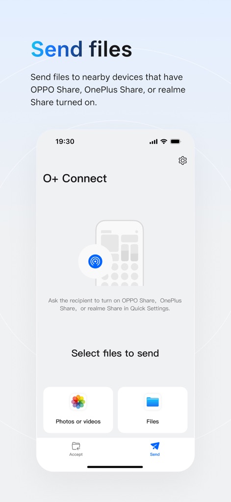 O+ Connect - The app provides straightforward options to send files, allowing users to select specific content categories like 'Photos or videos' or general 'Files' with a single tap.