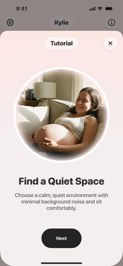 Baby Heartbeat Monitor - Molio - The initial tutorial step illustrates a relaxing pregnant woman image and provides clear environmental guidance text for an ideal listening environment.