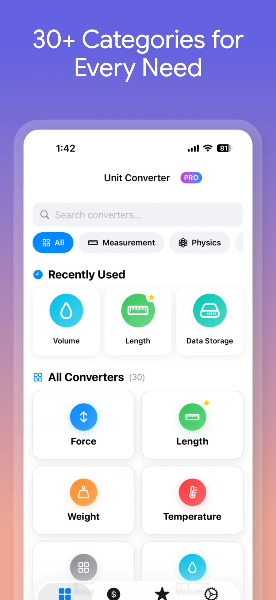 Unit Converter Max showing unit categories, multiple conversion results, and world currencies on iPhone (2/5)
