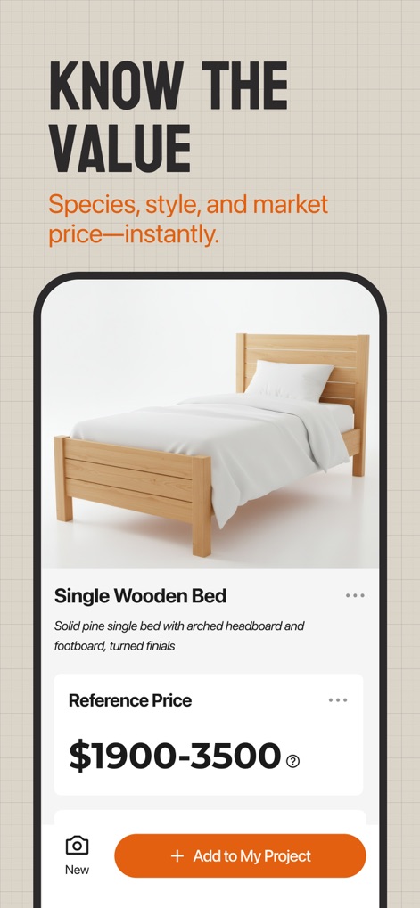 WoodSense: Craft & Identifier - Los usuarios obtienen una estimación del valor de mercado del mueble, identificando la especie y presentando un rango de precio de referencia claro.