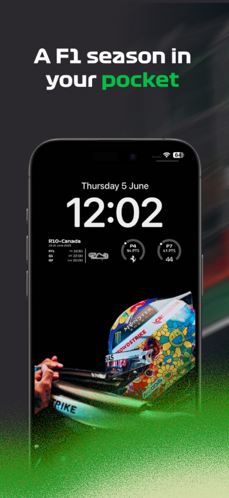 Racify - Racify brings the F1 season to the lock screen with widgets displaying current date/time and driver standings, positioned above a striking driver's helmet graphic.