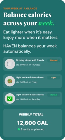 HAVEN: Weekly Calorie Tracker iPhone screenshot