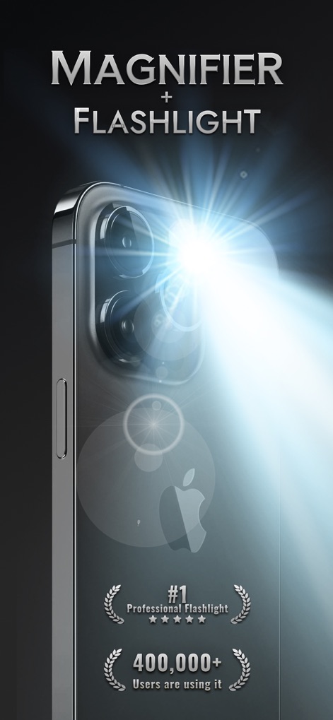 Flashlight◉ - Magnifying Glass - Dieses Bild demonstriert die Kombination aus Lupe und Taschenlampe, wobei der helle Blitz der Kamera (X) und die beeindruckende Nutzerbasis von 400.000+ (Y) hervorgehoben werden.