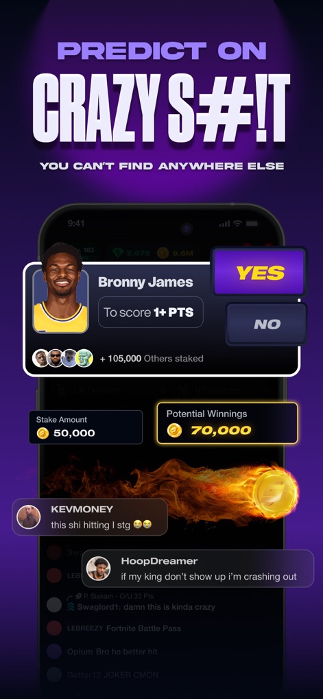 Stadium Live - Predict Sports - 이 앱은 특정 선수(예: Bronny James)의 경기력에 대한 독특한 예측을 제공하며, 사용자는 실시간 채팅으로 다른 팬들과 소통할 수 있습니다.