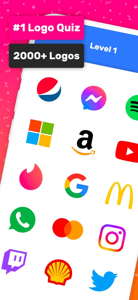 Logo Quiz 2026: Guess the logo - This screen emphasizes the app's extensive content with a "2000+ Logos" counter and a vibrant grid of diverse brand icons like Pepsi and Amazon.