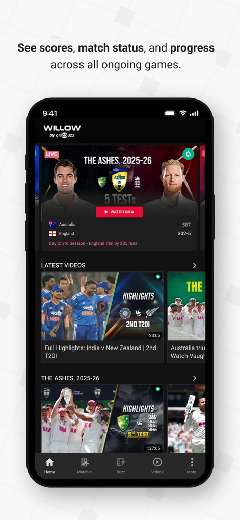 Willow - Watch Live Cricket - This tool provides an immediate overview of ongoing matches via a prominent live match banner and presents a curated section for the latest video highlights. Users can instantly access live streams and trending content.