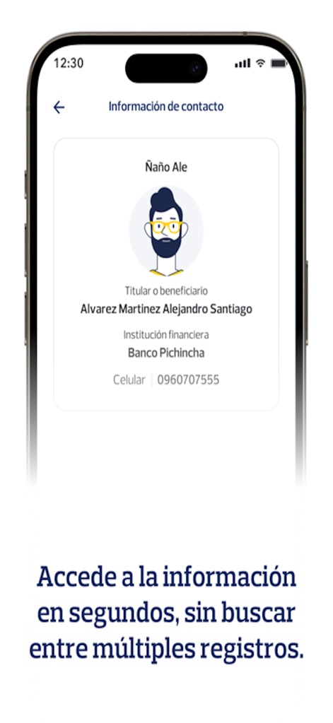 PICHINCHA BANCA MOVIL - La herramienta centraliza los datos esenciales del contacto, presentando el nombre completo del beneficiario y el banco asociado para una identificación rápida y precisa.