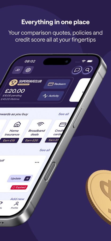 MoneySuperMarket - This tool consolidates financial services, featuring a clear 'SuperSaveClub' earnings summary and quick access to comparison categories like 'home insurance' and 'broadband deals' for informed choices.
