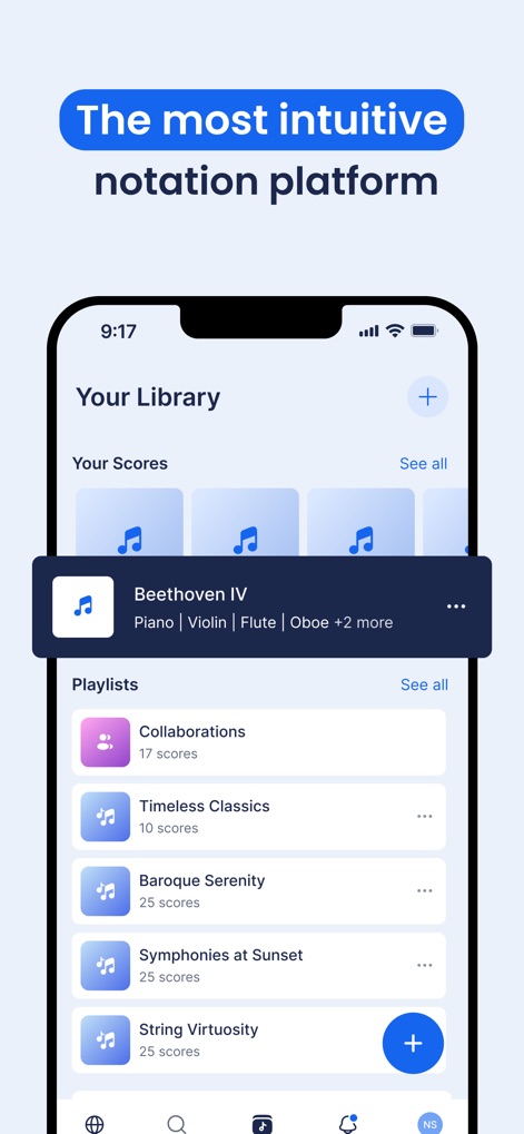 Flat: Music Score & Tab Editor - Experience the app's intuitive and clean design interface, featuring a well-organized personal library and curated playlists for easy score access.