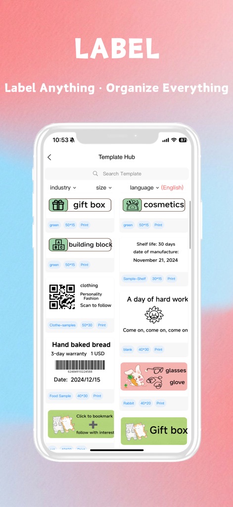 Fun Print - Witness the extensive "Template Hub" for labels, allowing users to customize options for specific needs like "gift box" and "cosmetics."