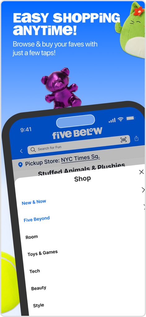Five Below - Users can easily navigate the app's extensive product catalog using the intuitive side menu, which organizes items into distinct categories like 'Toys & Games' and 'Beauty'.