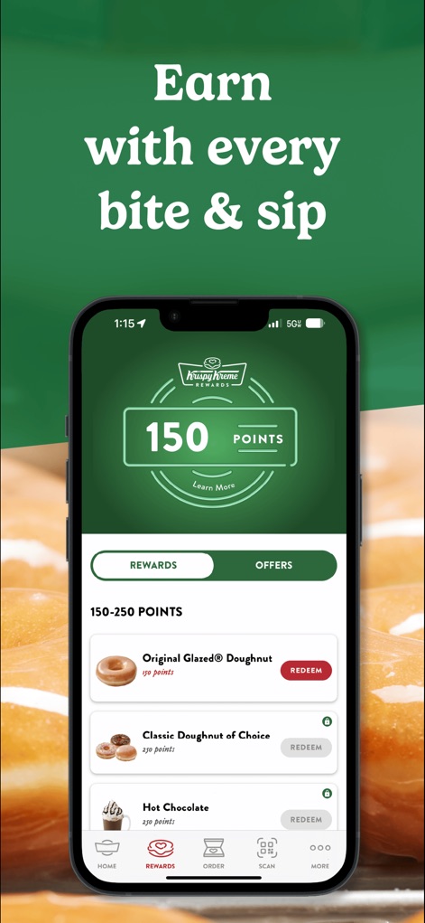 Krispy Kreme ® - The rewards interface clearly displays accumulated points ('150 Points') and presents various redeemable items, including the iconic 'Original Glazed® Doughnut'.