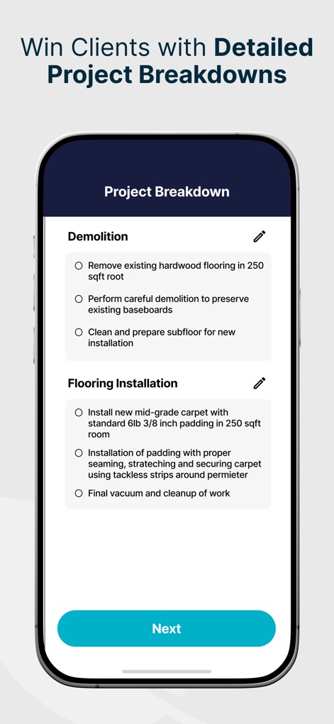 SimplyWise: Cost Estimator - The app generates comprehensive project breakdowns, detailing specific demolition tasks and precise flooring installation steps for client clarity.