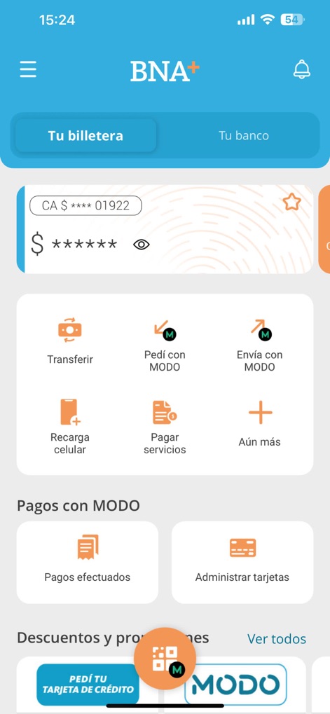 BNA+ - Los usuarios acceden a una vista general de sus finanzas organizada mediante las pestañas "Tu billetera" y "Tu banco", con secciones estructuradas con tarjetas e íconos que facilitan el acceso a transferencias y pagos.