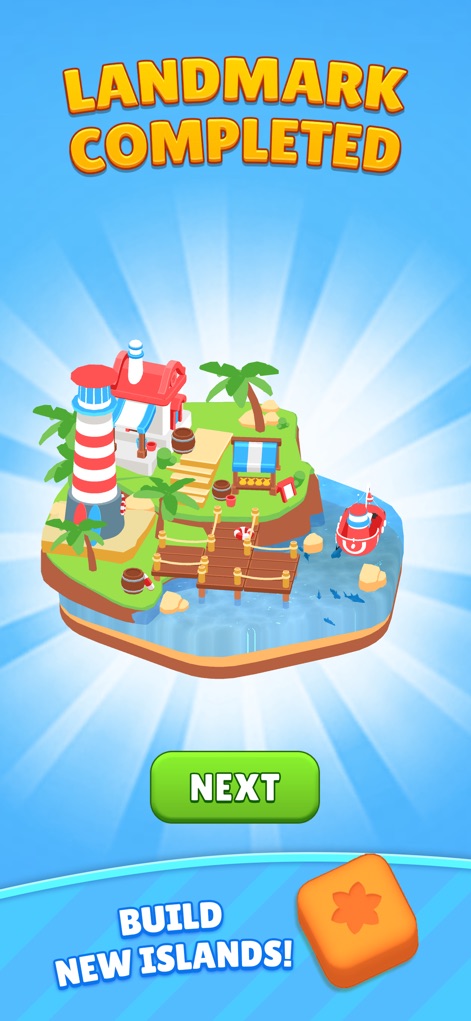Sorting Cube Jam - Upon completing milestones, users are rewarded with beautiful 'Landmark Completed' scenes and the opportunity to 'Build New Islands!'