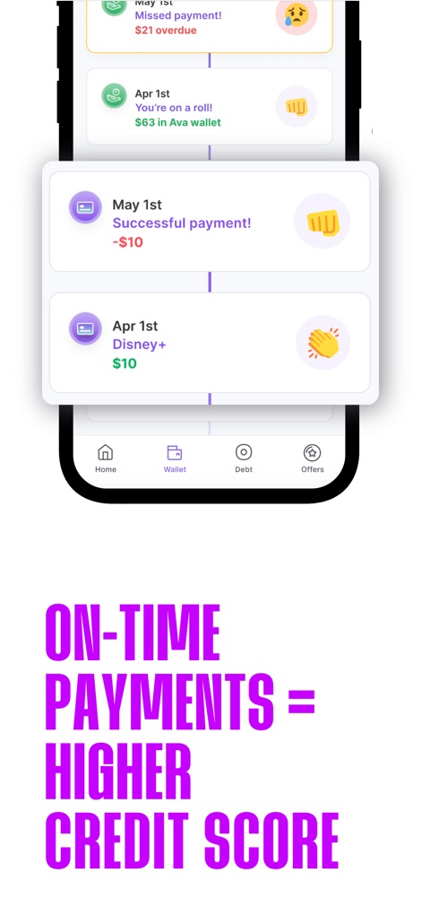 Ava: Build Credit Fast - The app visually reinforces the impact of responsible financial habits by showcasing a clear timeline of "Successful payment!" notifications and detailed records of payments like those for "Disney+."