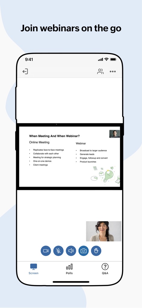 Zoho Meeting - Online Meetings - Les participants suivent des webinaires immersifs avec un contenu partagé clair et la fenêtre du présentateur visible, améliorant l'engagement à distance.