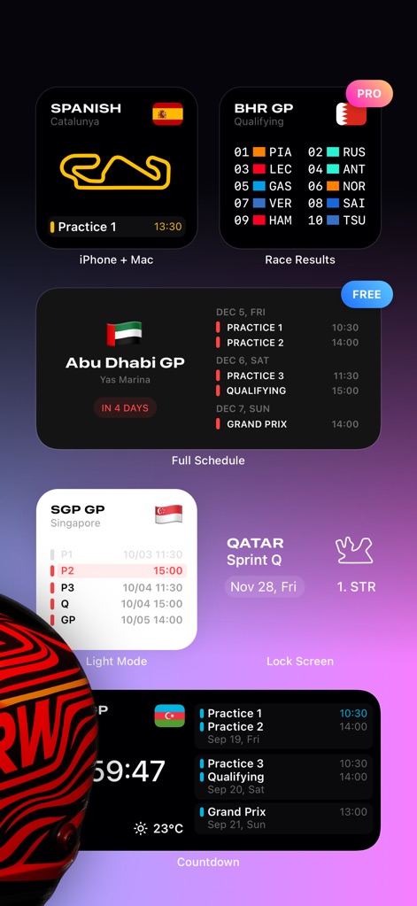 RaceWeek: Formula Widgets - Les utilisateurs accèdent à des résultats de course clairs avec le classement des pilotes et explorent le calendrier complet des sessions pour chaque Grand Prix, incluant les séances d'entraînement et les qualifications.