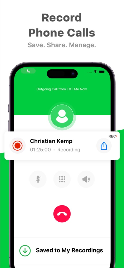 TXT App Phone Now - This tool provides intuitive call recording functionality, allowing users to initiate recording and manage saved conversations through clear icons.