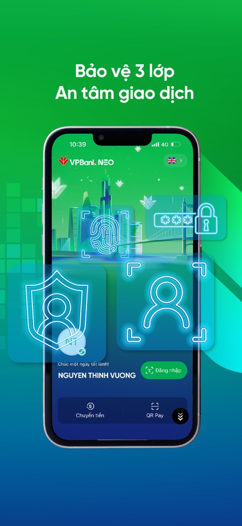 VPBank NEO - The app emphasizes robust security, featuring biometric authentication like a 'fingerprint scan' and clear indicators of multi-layered 'password and transaction protection' for user peace of mind.
