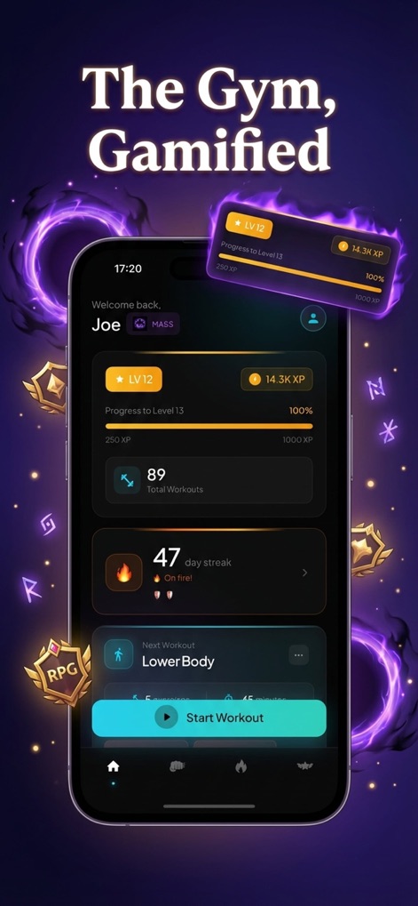 GymLevels: Ranked Gym Workouts - Observe the user's current level and total XP progression, alongside the prominent daily streak counter that motivates consistency.