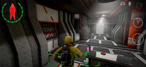 Backrooms Union Multiplayer - This perspective highlights the player's detailed hazmat suit and backpack, alongside interactive environmental elements like buttons and red cylindrical tanks.