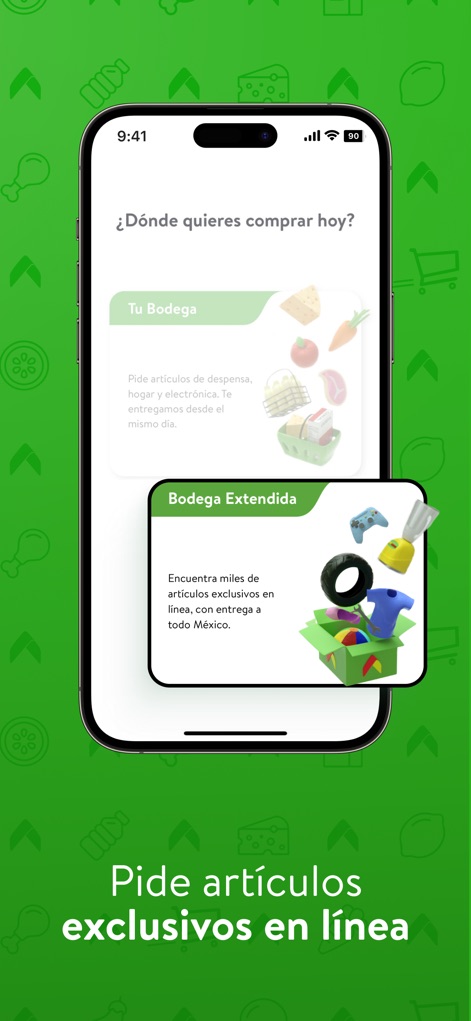 Bodega Aurrera En Línea - Questa schermata mette in risalto la sezione 'Bodega Extendida' dove gli utenti possono esplorare migliaia di prodotti esclusivi online, rappresentati visivamente da un box stilizzato che contiene vari articoli.