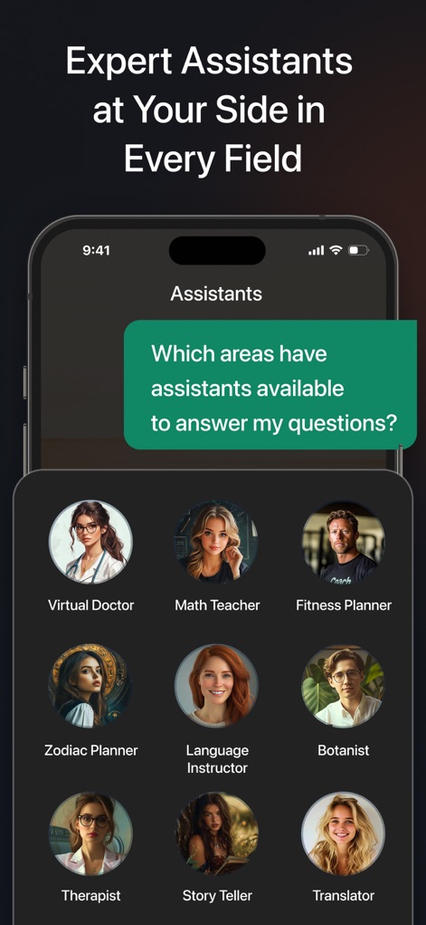 Ocean AI-Chatbot・Ask Anything - Nutzer können hier eine Vielzahl von Experten-Assistenten entdecken, übersichtlich in einem Raster dargestellt, die diverse Rollen wie den virtuellen Doktor und den Mathe-Lehrer umfassen, um Fragen in jedem Bereich zu beantworten.