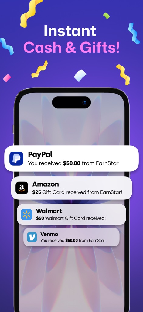 EarnStar: Earn Money Fast - This screenshot illustrates the immediate gratification of receiving earnings through familiar platforms such as PayPal and Amazon gift cards.
