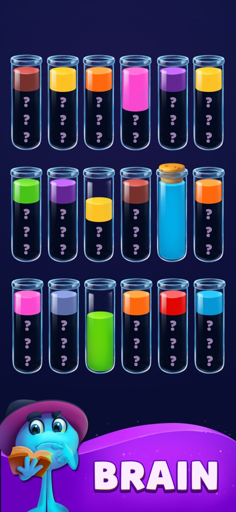 Sort Jam - La imagen revela una matriz de tubos de ensayo con líquidos variados y signos de interrogación, invitando a la resolución de acertijos, y el personaje 'Brain' en una pose pensativa y con un libro.