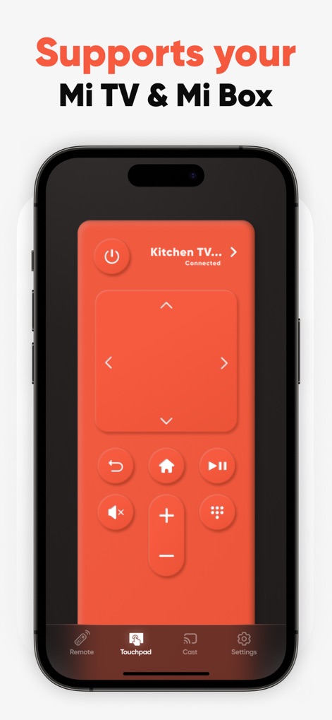 Mi TV Remote・Shield Controller - This tool offers comprehensive control for Mi TV & Mi Box, clearly showing the "Kitchen TV" connection status and providing a versatile bottom navigation bar for different modes.