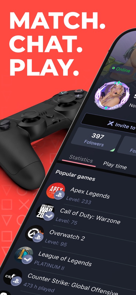 PLINK – Team Up, Chat, Play - 이 앱의 핵심 기능인 매칭, 채팅, 플레이를 나타내는 대형 문구와 게임 통계가 자세히 표시된 사용자 프로필 화면을 보여줍니다.