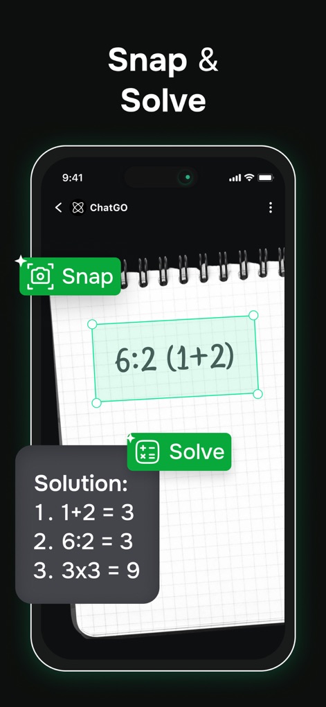 ChatGO: AI Chat 5.0 Assistant - La función 'Snap & Solve' facilita la resolución de problemas matemáticos, donde la aplicación escanea la ecuación '6:2 (1+2)' y proporciona la solución paso a paso.