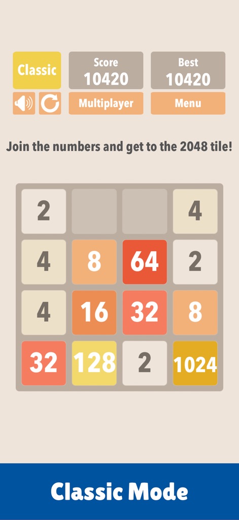 2048 :) - 本スクリーンショットは、現在の「Score 10420」と多様な数字タイルで構成されたゲームボードの配置を通じて、クラシックモードでの高得点を目指すプレイの可能性を示唆します。