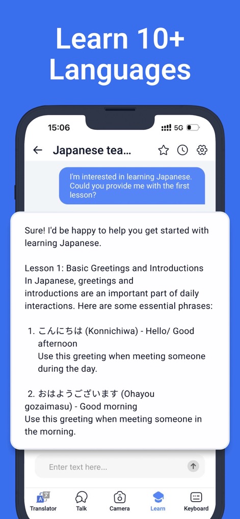 Translate AI. - O aplicativo facilita o aprendizado de novos idiomas, como japonês, através de lições interativas com saudações básicas e uma interface de chat simulada.