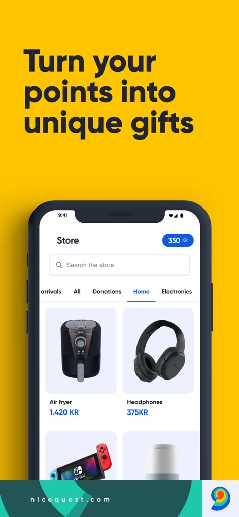 Nicequest - La tienda de la aplicación permite canjear Korus por productos, con categorías claras y ejemplos de artículos como una freidora de aire o auriculares, mostrando su valor en puntos.