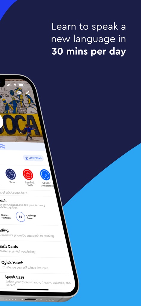 Pimsleur | Language Learning - The app's interface clearly displays key learning metrics such as "Phrases Mastered" and a dynamic "Challenge Score," motivating users through their daily 30-minute practice.