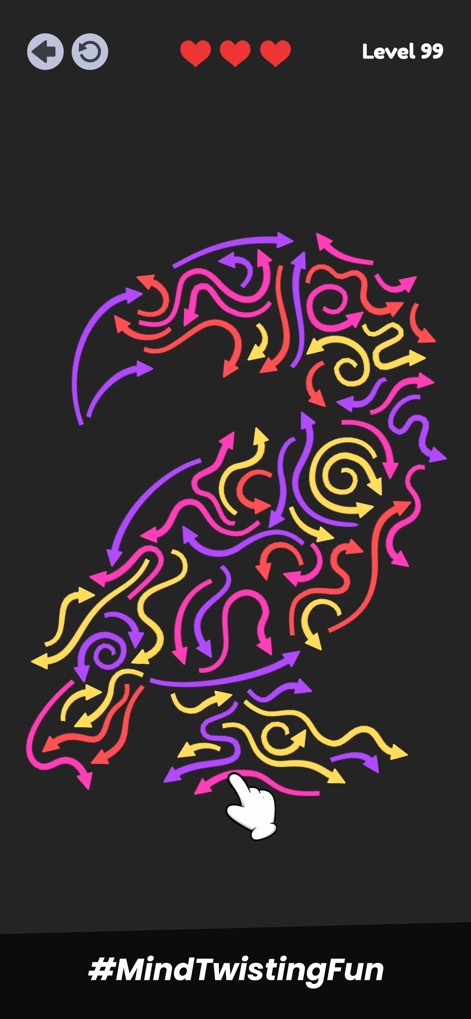 Arrow Fever: Tap Out Puzzle - 사용자는 화면 중앙의 손가락 아이콘과 앵무새 모양을 구성하는 여러 색상의 화살표를 탭하여 문제를 해결하며 몰입감을 높일 수 있습니다.