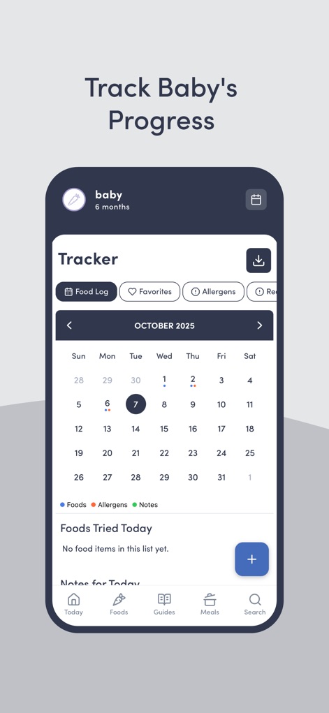 Solid Starts: Baby First Foods - La herramienta de "Tracker" permite a los usuarios registrar el progreso del bebé con un calendario mensual y opciones para anotar "Foods Tried Today" y posibles "Reactions", facilitando un seguimiento detallado.