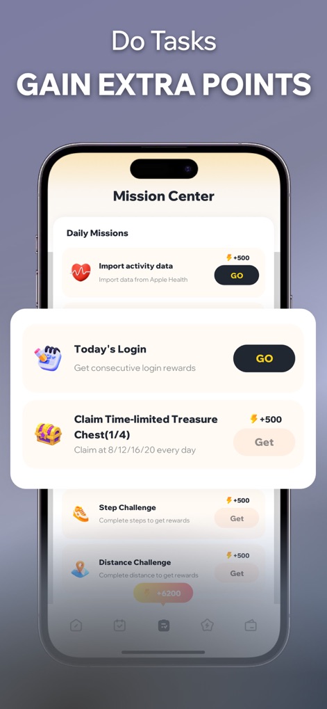 Perfit: Walk to Earn Rewards - Uncover the "Mission Center" where users can complete "Daily Missions" like importing activity data, and claim exciting "Time-limited Treasure Chest" bonuses for extra points.