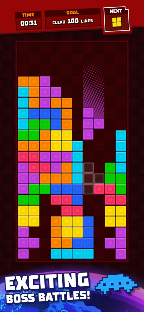 Tetris® - Witness the intensity of gameplay with a challenging "CLEAR 100 LINES" target and a visible time limit, set against a distinct red background theme.