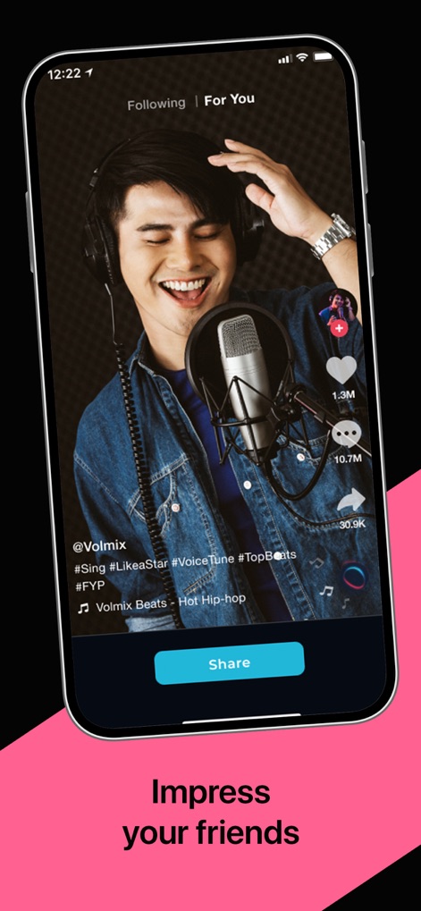 Volmix | AutoTune & Beats - The app showcases easy social media sharing capabilities, enabling users to amplify their reach and engagement metrics.