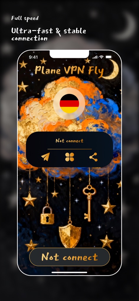 VPN - Plane VPN Fly - This screen highlights the clear "Not connect" status indicator and the option to select server locations, visually represented by national flags.