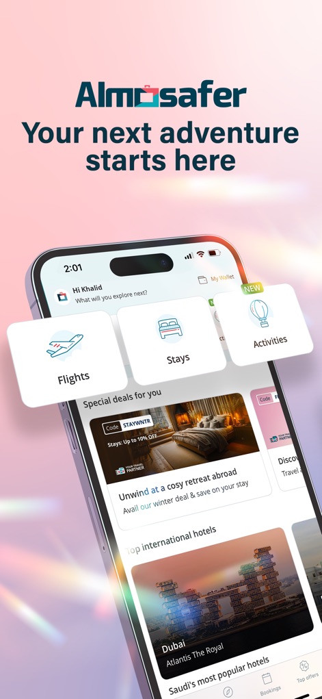 Almosafer: Flights & Stays - This intuitive homepage offers quick access to essential booking categories like 'Flights' and 'Stays', further enhanced by personalized 'Special deals for you'.