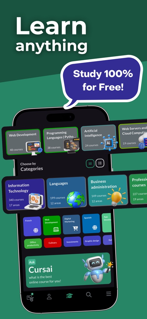 Cursa - Learn anything - A interface inicial do Cursa destaca categorias de cursos como "Web Development" e "Programming Languages", complementada por um balão de fala que anuncia "Study 100% for Free!".