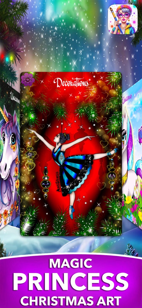 PONY Coloring Pages for Girls - Esta herramienta sumerge a las niñas en el arte de colorear con temas estacionales, presentando una elegante bailarina en un entorno navideño lleno de decoraciones mágicas.