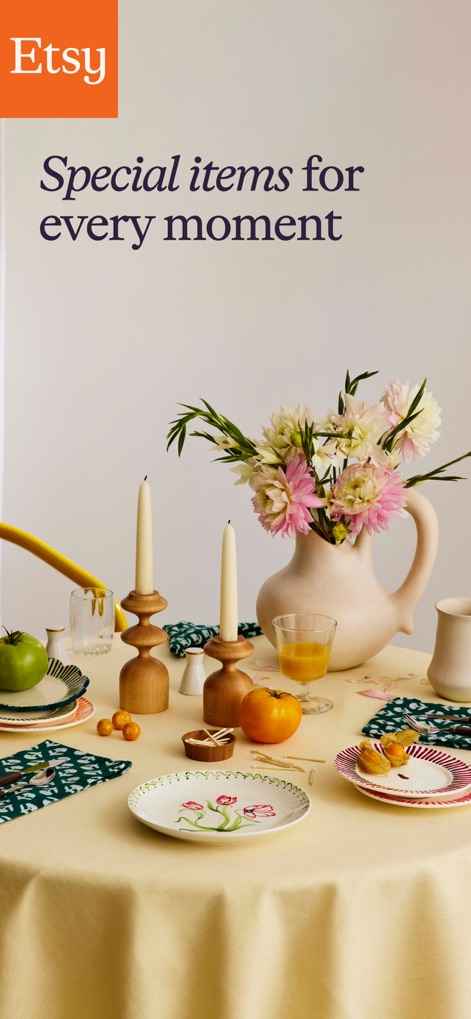 Etsy: Shop Home, Style & More - The app showcases beautifully arranged dining sets and floral centerpieces, highlighting how users can find unique items for any occasion.