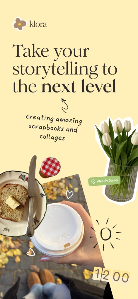 klora - scrapbook collages - The app empowers users to craft engaging narratives, blending photos with charming hand-drawn accents and location tags like 'Weekly Dump'.
