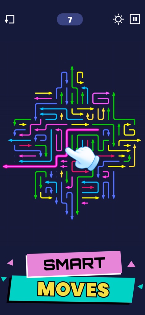 Arrow Maze - Escape Puzzle - 複雑に絡み合った矢印の配置を分析し、最適な動きでパズルを攻略しましょう。現在のレベル7が表示されており、更なる挑戦を促します。